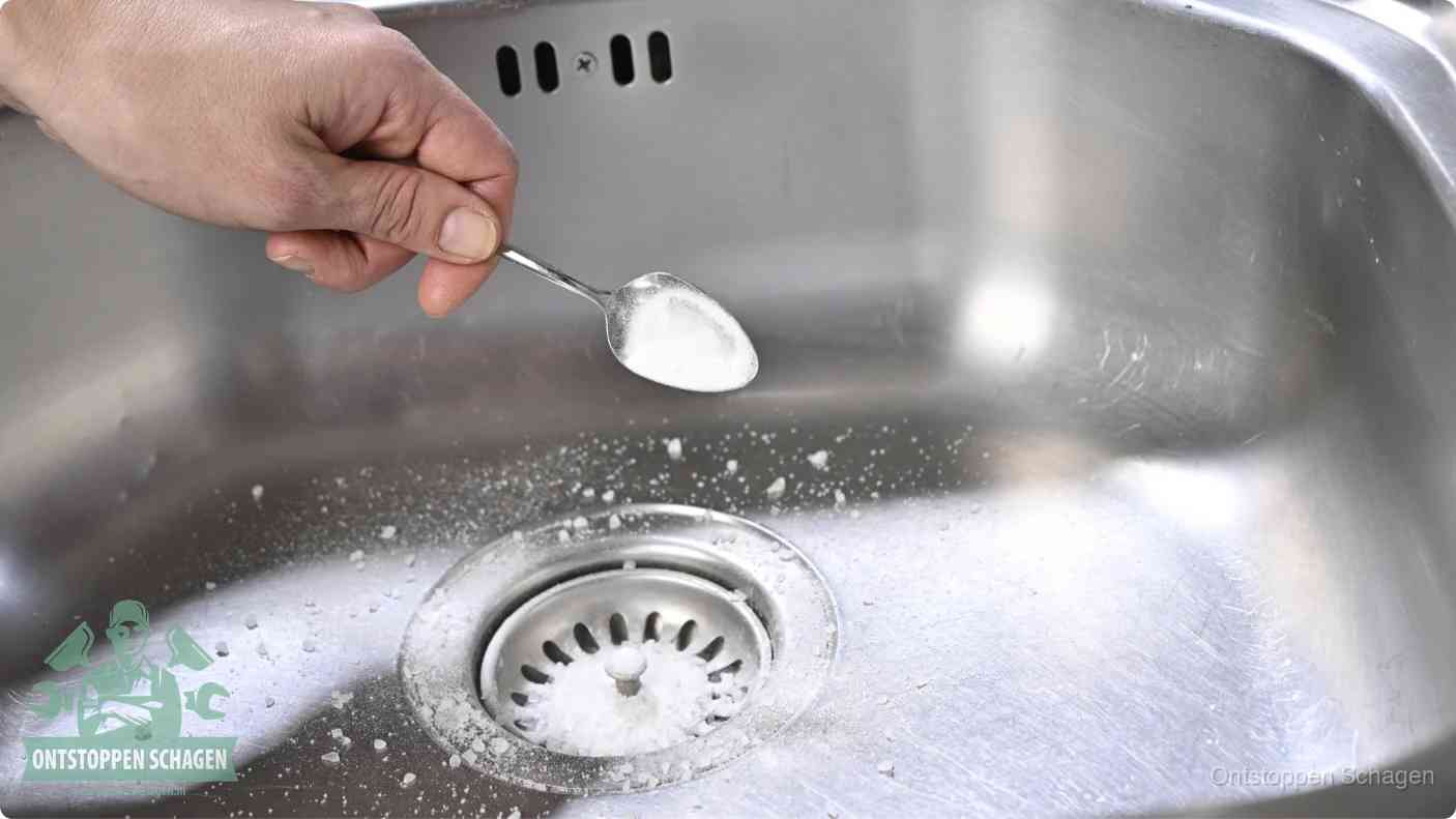 Een hand strooit met een lepel soda in de afvoer van een roestvrijstalen spoelbak, de soda en azijn huismiddel-methode om de afvoer te ontstoppen in Schagen