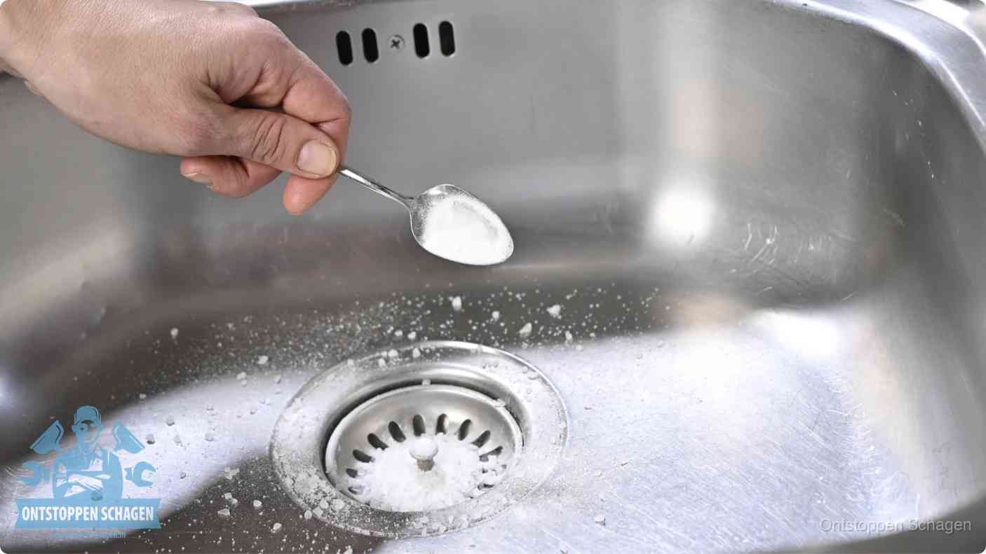 Een hand strooit met een lepel soda in een afvoerputje, de soda en azijn huismiddel-methode om de wc te ontstoppen in Schagen