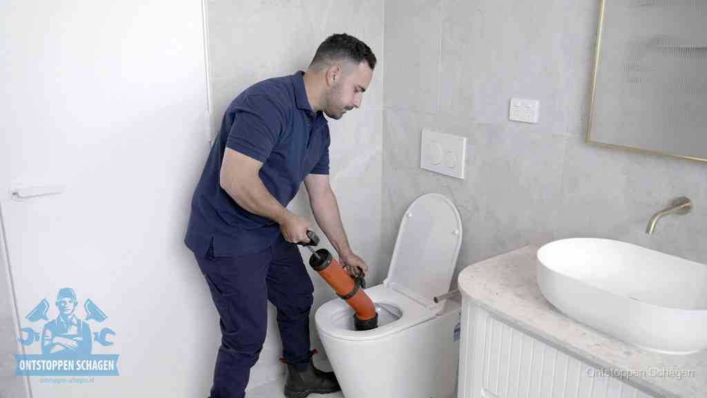 Een monteur gebruikt een handmatige perspomp (toiletontstopper) op een wandcloset tijdens het professioneel wc ontstoppen in Schagen