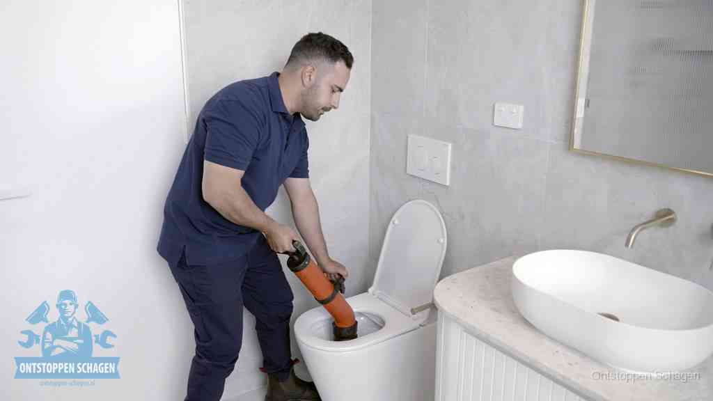 Een man gebruikt een handmatige luchtdruk-ontstopper in een modern betegeld toilet om zelf de wc te ontstoppen in Schagen